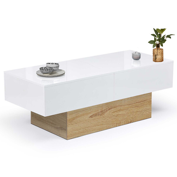 ID MARKET - Table basse coulissante rectangulaire MARTA bois imitation hêtre et blanc - large
