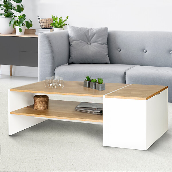 ID MARKET - Table basse bar contemporaine rectangulaire IZIA avec coffre blanc et plateaux bois - large