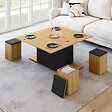 ID MARKET - Table basse plateau relevable rectangulaire convertible en table à manger EDEN 100 cm bois et noir avec poufs - vignette
