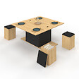 ID MARKET - Table basse plateau relevable rectangulaire convertible en table à manger EDEN 100 cm bois et noir avec poufs - vignette