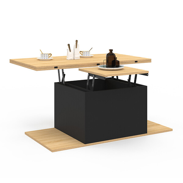 ID MARKET - Table basse plateau relevable rectangulaire convertible en table à manger EDEN 100 cm bois et noir avec poufs - large