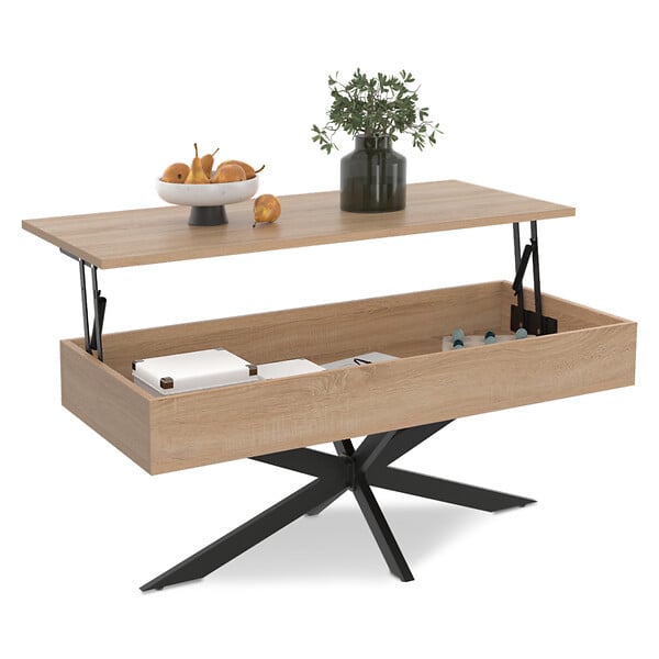 ID MARKET - Table basse plateau relevable rectangulaire ALIX 100 cm pied araignée bois et noir - large