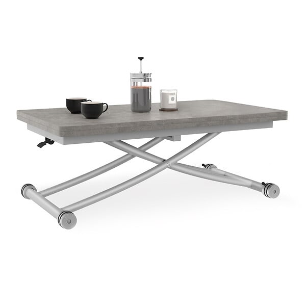 ID MARKET - Table basse 2 en 1 relevable en table à manger rectangulaire URBANA 100 cm effet béton pied gris chromé - large
