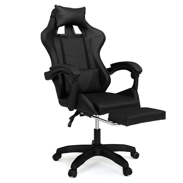 ID MARKET - Fauteuil de gaming ALEX réglable avec repose-pied, coussin de tête et coussin lombaire noir - large