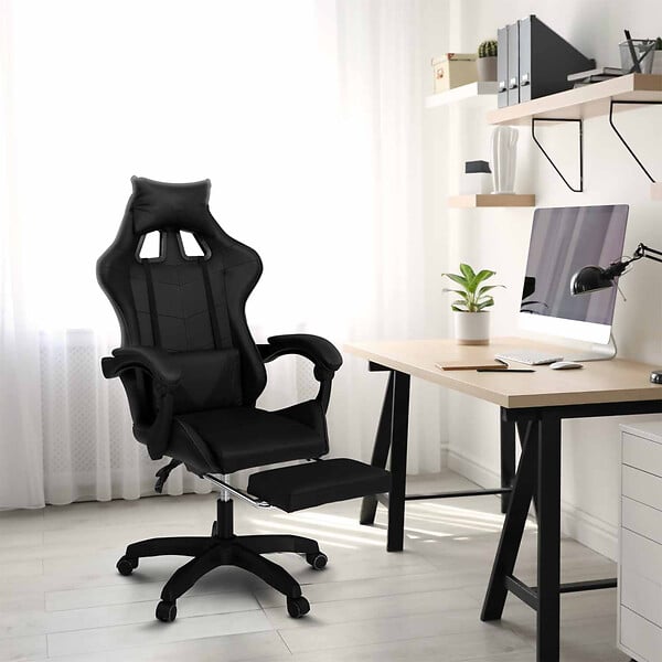 ID MARKET - Fauteuil de gaming ALEX réglable avec repose-pied, coussin de tête et coussin lombaire noir - large