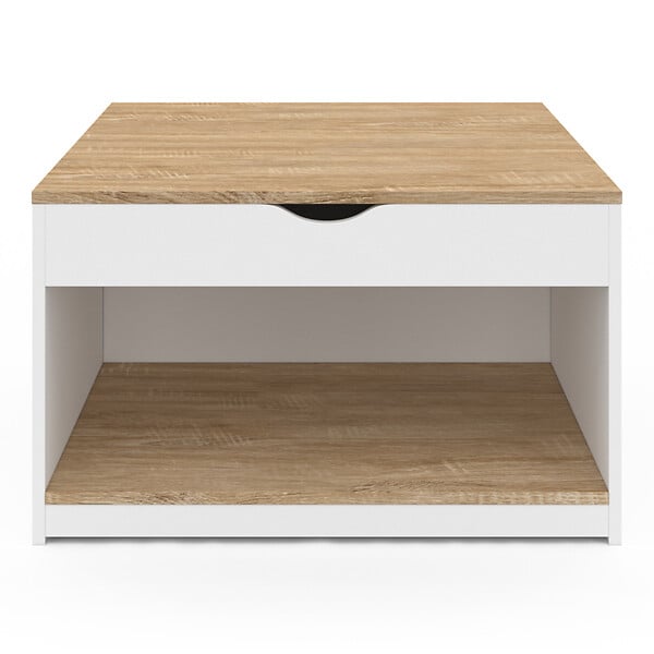 ID MARKET - Table basse plateau relevable carrée ELEA avec coffre bois blanc et façon hêtre - large