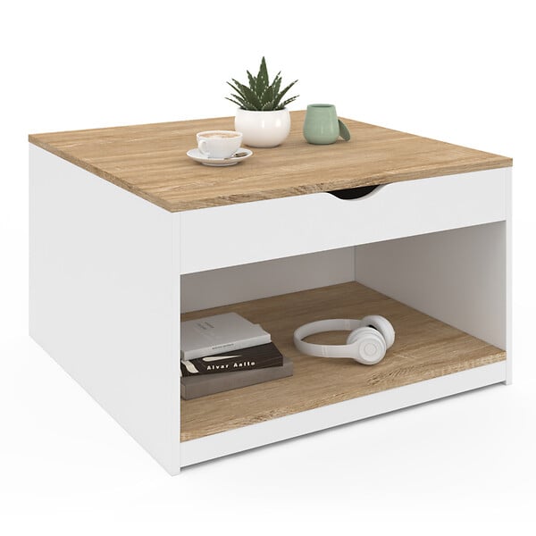 ID MARKET - Table basse plateau relevable carrée ELEA avec coffre bois blanc et façon hêtre - large