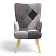 ID MARKET - Fauteuil scandinave IVAR en tissu patchwork noir, gris et blanc - vignette