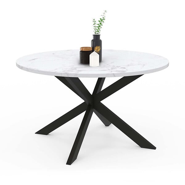 ID MARKET - Table basse ronde ALASKA 70 cm plateau effet marbre blanc et  pied araignée métal noir - large
