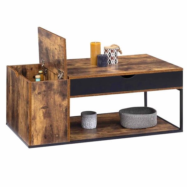 ID MARKET - Table basse plateau relevable rectangulaire CHICAGO avec coffre design industriel - large