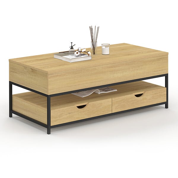 ID MARKET - Table basse plateau relevable rectangulaire DETROIT avec 2 tiroirs design industriel - large