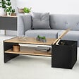 ID MARKET - Table basse bar contemporaine rectangulaire IZIA avec coffre noir et plateaux bois - vignette