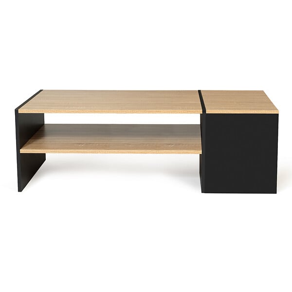 ID MARKET - Table basse bar contemporaine rectangulaire IZIA avec coffre noir et plateaux bois - large
