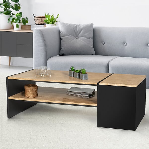 ID MARKET - Table basse bar contemporaine rectangulaire IZIA avec coffre noir et plateaux bois - large