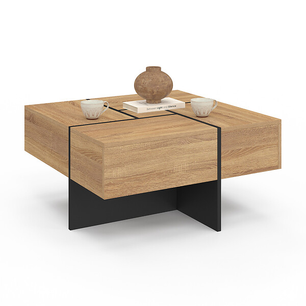 ID MARKET - Table basse carrée TALIA 70 cm avec tiroirs bois et noir - large
