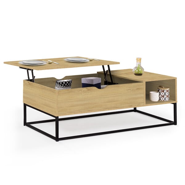 ID MARKET - Table basse plateau relevable rectangulaire DETROIT avec rangements design industriel - large