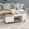 ID MARKET - Table basse rectangulaire plateau relevable et plateau amovible avec coffre LOLA bois et blanc - vignette