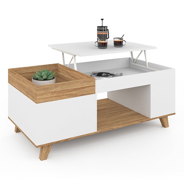 ID MARKET - Table basse rectangulaire plateau relevable et plateau amovible avec coffre LOLA bois et blanc - large