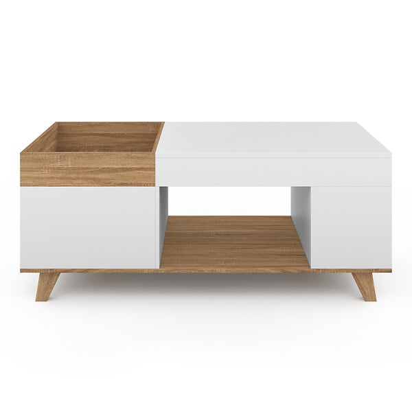 ID MARKET - Table basse rectangulaire plateau relevable et plateau amovible avec coffre LOLA bois et blanc - large