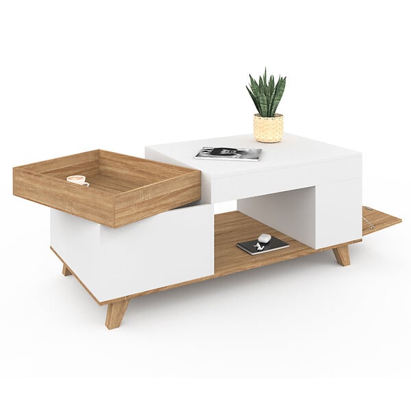 ID MARKET - Table basse rectangulaire plateau relevable et plateau amovible avec coffre LOLA bois et blanc - large