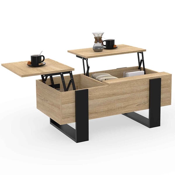 ID MARKET - Table basse 2 plateaux relevables PHOENIX bois et noir - large
