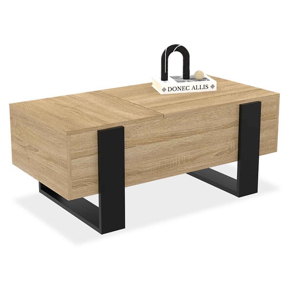 ID MARKET - Table basse 2 plateaux relevables PHOENIX bois et noir - large