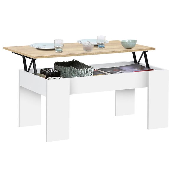 ID MARKET - Table basse plateau relevable rectangulaire TARA bois blanc et imitation hêtre - large