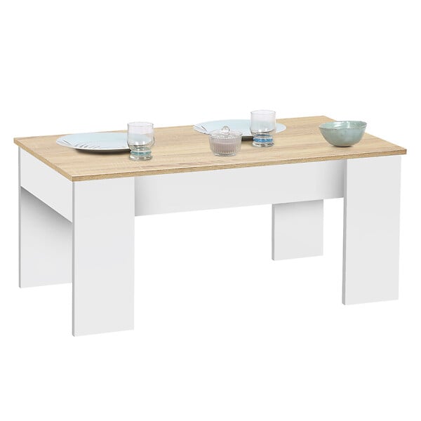 ID MARKET - Table basse plateau relevable rectangulaire TARA bois blanc et imitation hêtre - large