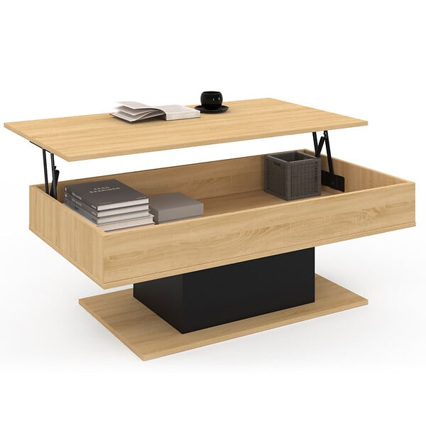 ID MARKET - Table basse plateau relevable rectangulaire EDEN bois et noir - large