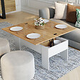 ID MARKET - Table basse rectangulaire plateau relevable convertible en table à manger TARA bois blanc et imitation hêtre - vignette