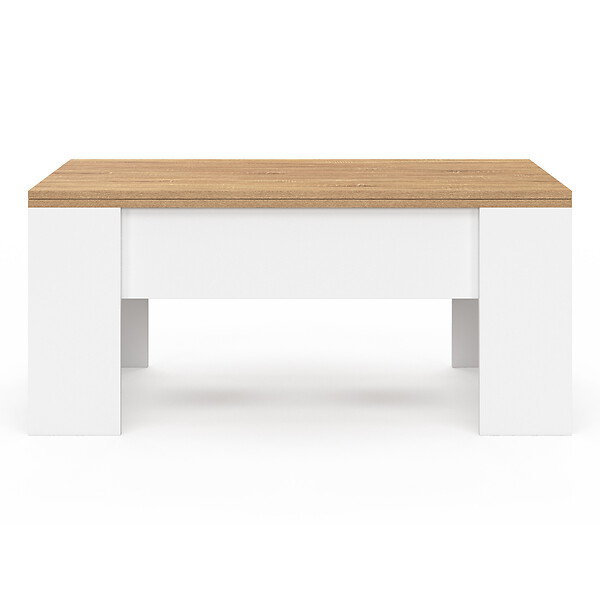 ID MARKET - Table basse rectangulaire plateau relevable convertible en table à manger TARA bois blanc et imitation hêtre - large
