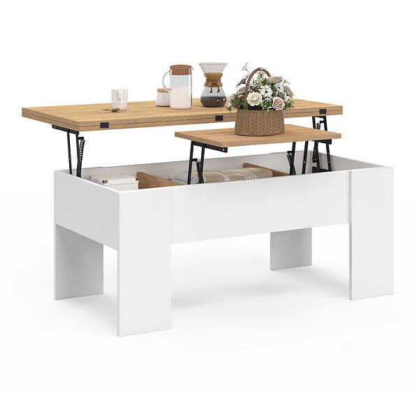 ID MARKET - Table basse rectangulaire plateau relevable convertible en table à manger TARA bois blanc et imitation hêtre - large