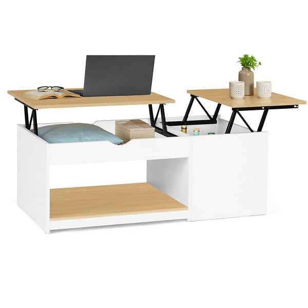 ID MARKET - Table basse 2 plateaux relevables ELEA avec coffre bois blanc et façon hêtre - large