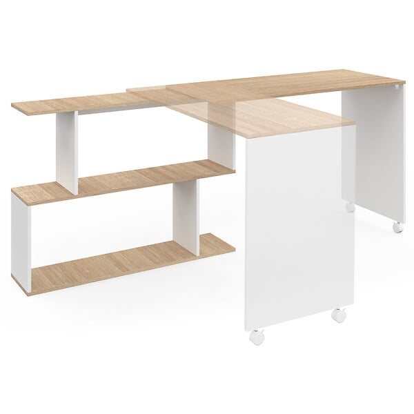ID MARKET - Bureau d'angle rotatif 180° JOY étagère forme S bois façon hêtre et blanc - large