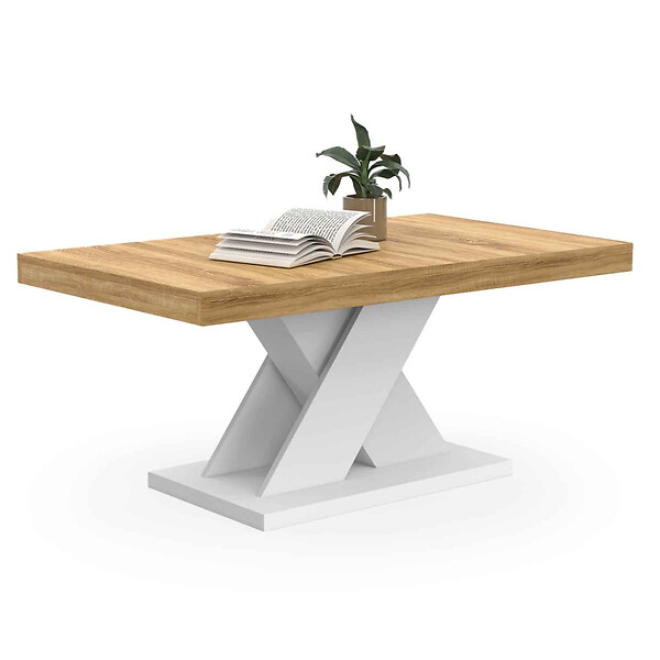 ID MARKET - Table basse ALICIA plateau bois et pied X blanc - large