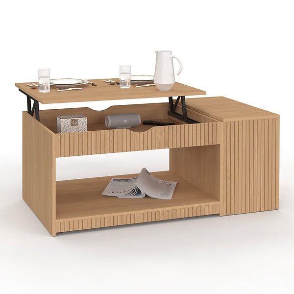 ID MARKET - Table basse plateau relevable rectangulaire JULIETTE avec coffre lattes tasseau bois coloris chêne - large