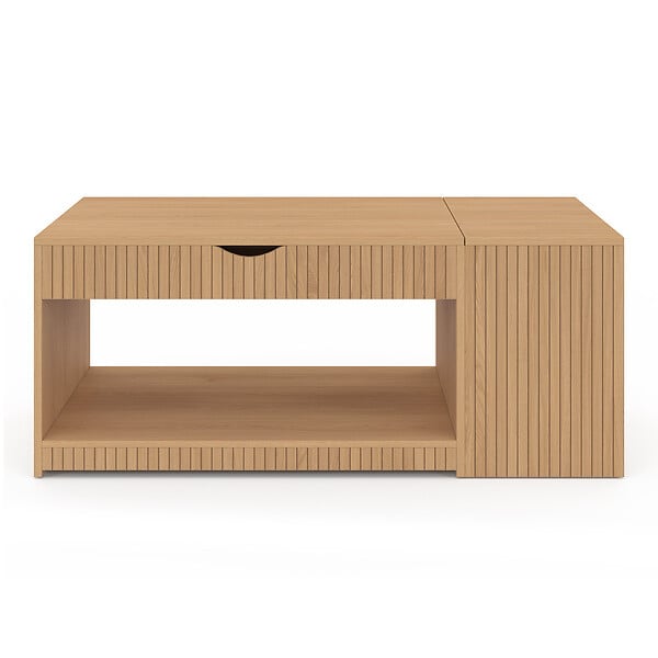 ID MARKET - Table basse plateau relevable rectangulaire JULIETTE avec coffre lattes tasseau bois coloris chêne - large