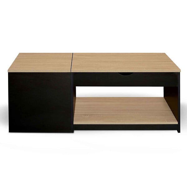 ID MARKET - Table basse 2 plateaux relevables rectangulaire ELEA avec coffre bois noir et façon hêtre - large