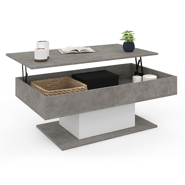 ID MARKET - Table basse plateau relevable rectangulaire EDEN effet béton et blanc - large