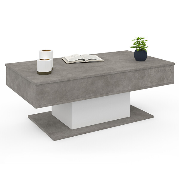 ID MARKET - Table basse plateau relevable rectangulaire EDEN effet béton et blanc - large