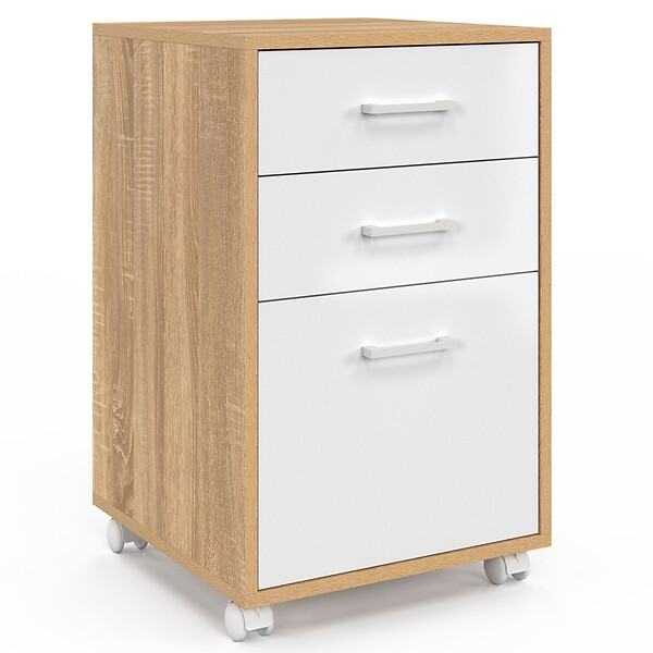 ID MARKET - Caisson de bureau JON support imprimante 3 tiroirs blanc et bois - large