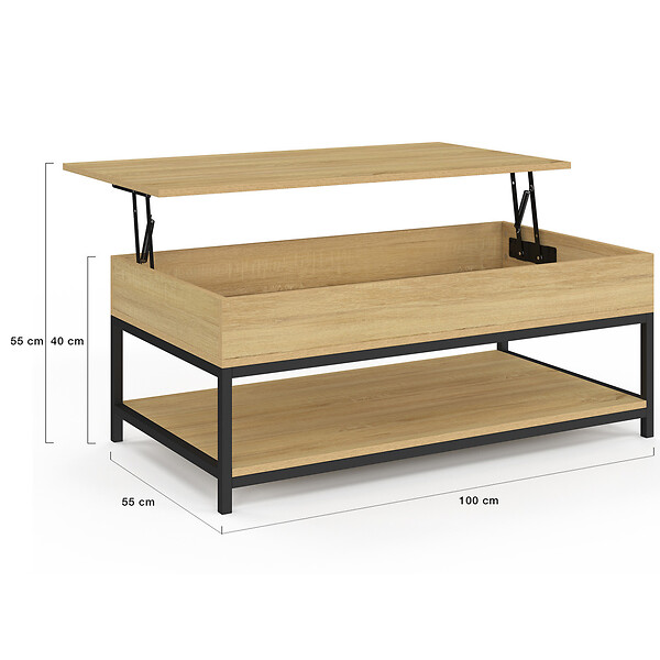 ID MARKET - Table basse plateau relevable rectangulaire DETROIT 100 cm et étagère inférieure design industriel - large