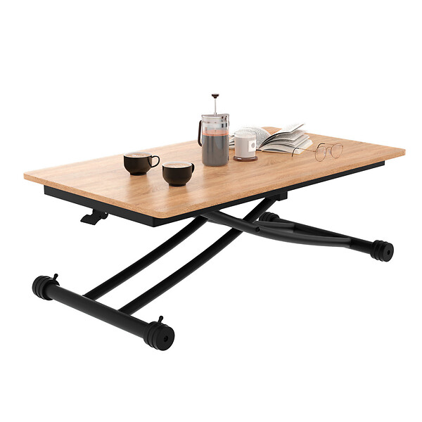 ID MARKET - Table basse fixe relevable en table à manger rectangulaire URBANA 100 cm bois et noir design industriel - large
