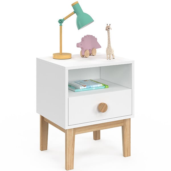 ID MARKET - Table de chevet enfant JACOB 1 tiroir + 1 niche blanc et bois - large