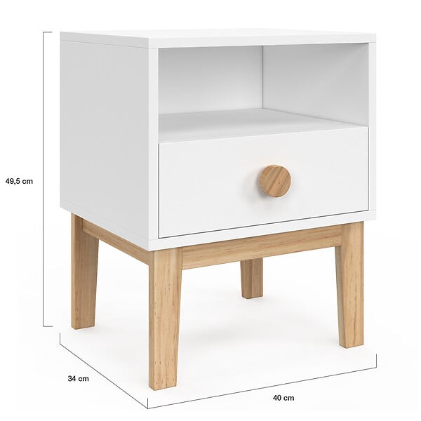 ID MARKET - Table de chevet enfant JACOB 1 tiroir + 1 niche blanc et bois - large