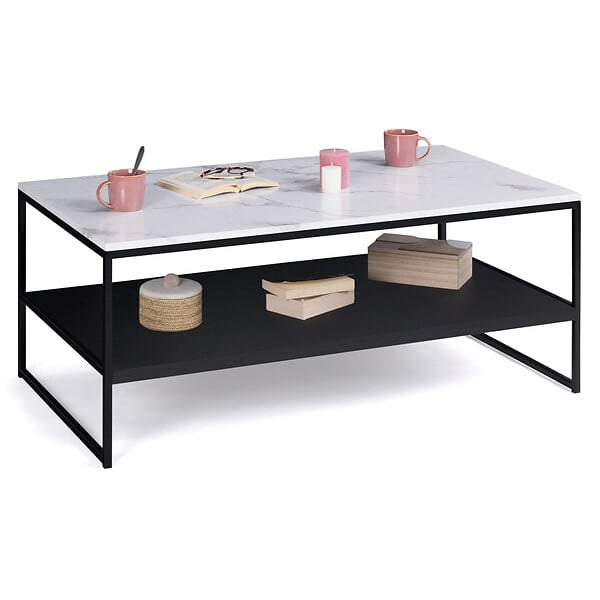 ID MARKET - Table basse ALASKA double plateau effet marbre et noir pieds métal - large
