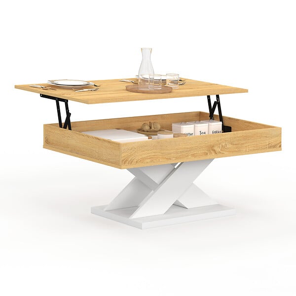 ID MARKET - Table basse rectangulaire plateau relevable ALICIA bois et pied blanc - large