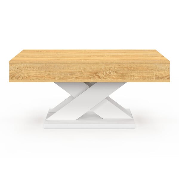 ID MARKET - Table basse rectangulaire plateau relevable ALICIA bois et pied blanc - large