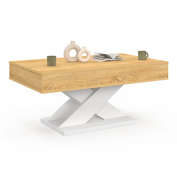 ID MARKET - Table basse rectangulaire plateau relevable ALICIA bois et pied blanc - large