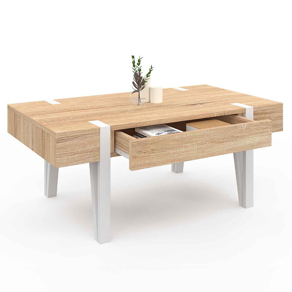 ID MARKET - Table basse 1 tiroir AUSTRIA bois pied épingle blanc - large